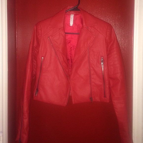 Red Cropped, leather jacket.