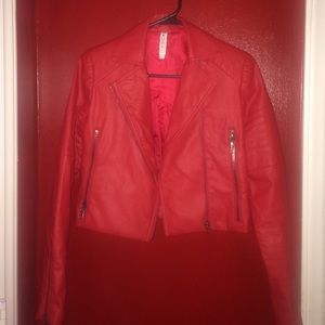 Red Cropped, leather jacket.
