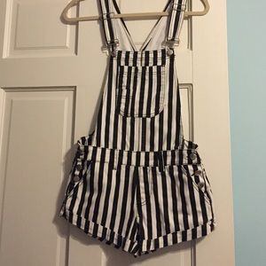black and white pinstripe overalls