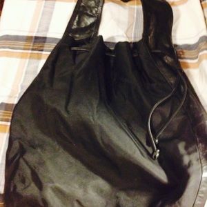 Leather-Trimmed Nylon Drawstring Shoulder Bag