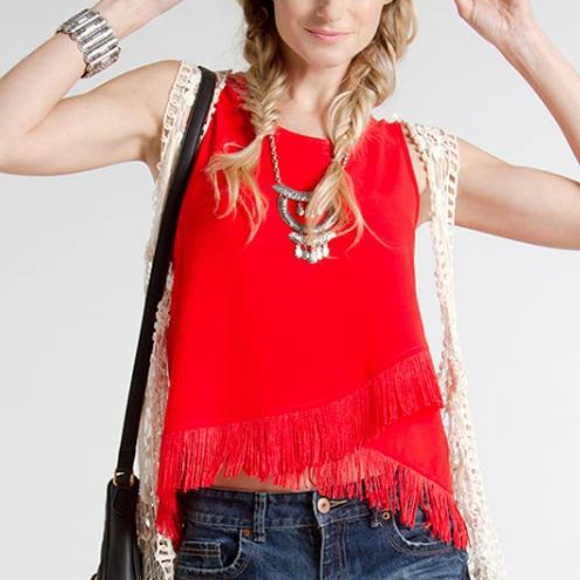 Tomato Red Sleeveless top with Fringe Details