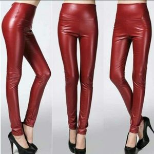 High Waisted Faux Leather Leggings maroon