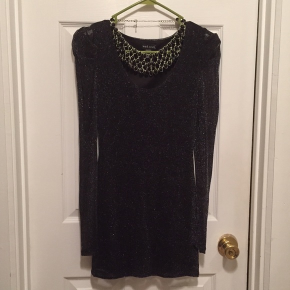 Black long sleeve mini dress.