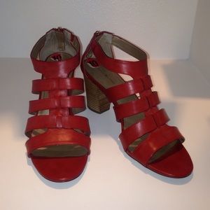 Red strapped designer heeled sandals