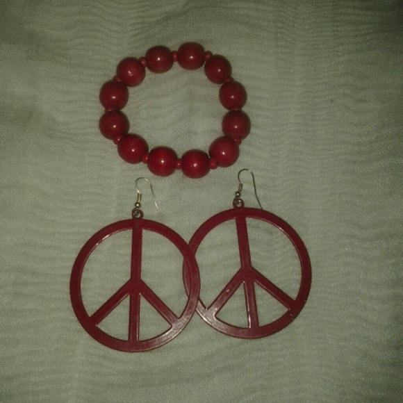 Red peace sign earings and red wooden bracelet