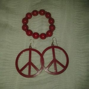 Red peace sign earings and red wooden bracelet
