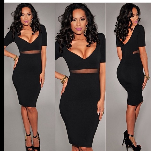 Black Mesh Insert Knee Length Dress