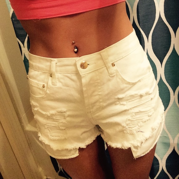Forever 21 Denim - White high waisted button up distressed shorts