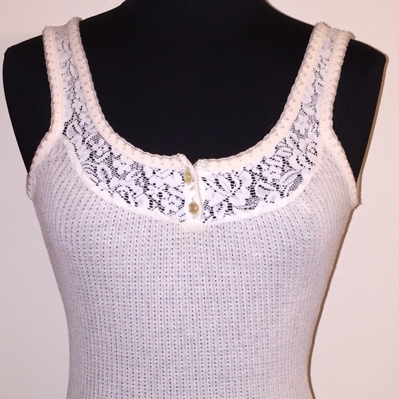 NWOT Free People cream ribbed tank, lace & buttons - Picture 4 of 4