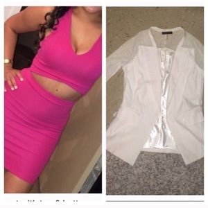 pink set & white blazer