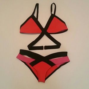 Orange, hot pink and black cutout bikini