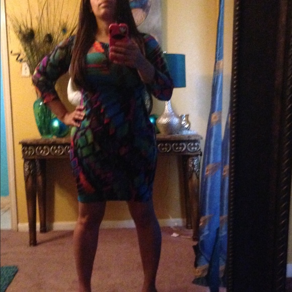Peacock multicolor bodycon dress model wearing med