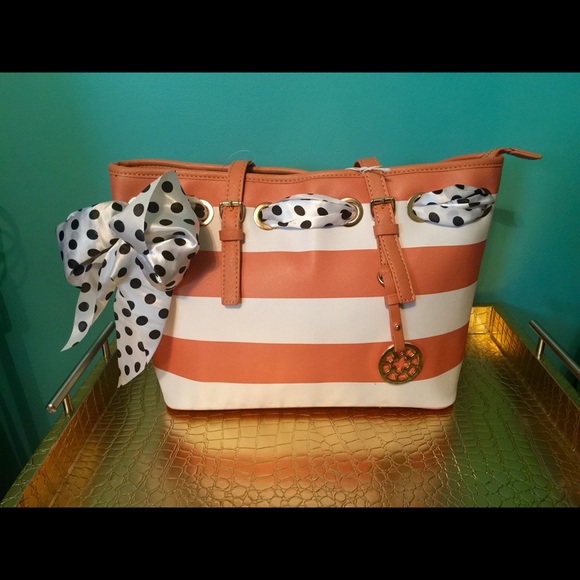 Brown and white stripe tote/polka dot ribbon