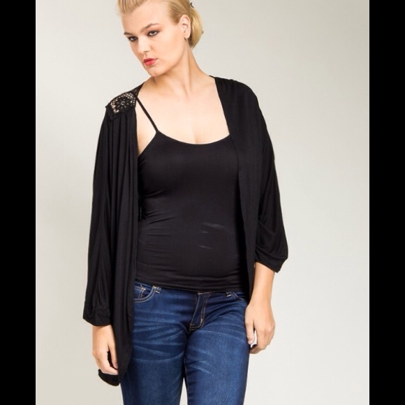 *SOLD*Black Crochet Back Drape Plus Size Cardigan - Picture 2 of 3