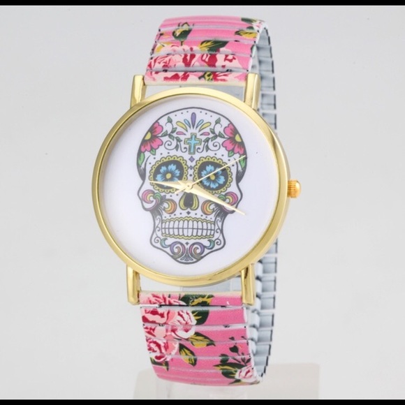 Elastic band sugar skull watch
