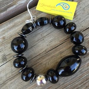 NWT Black Onyx and SS Stretchy Bracelet