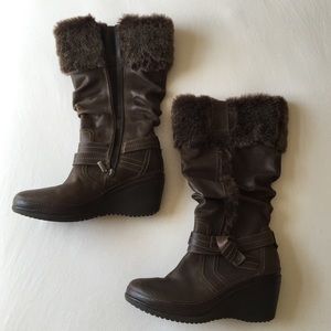 Clarks brand wedge boots, dark brown.