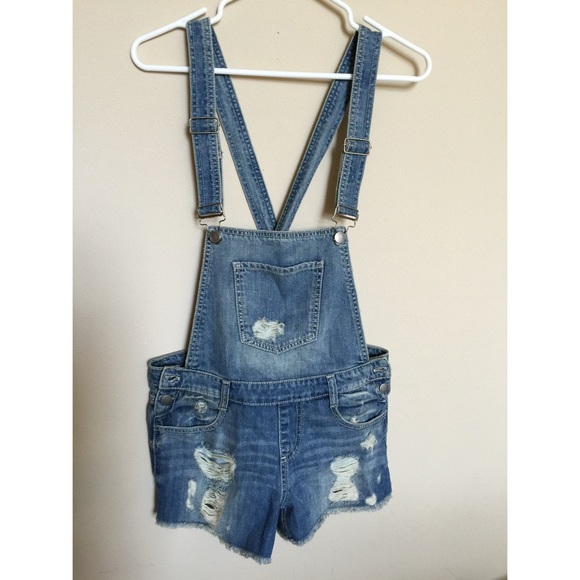 Distressed overall shorts
