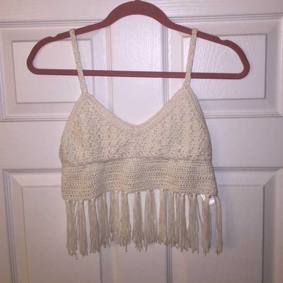 Beige crochet fringe top