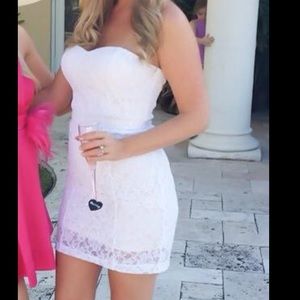 White lace mini dress Bebe bridal shower
