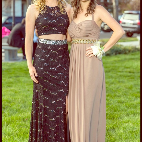 Black two piece prom dress with silver sequins
