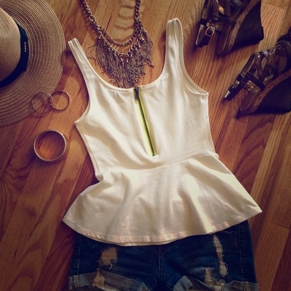 Express Tops - Peplum white tank with neon green back zipper