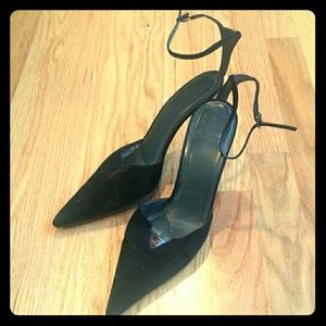 Stuart Weitzman black suede strappy pumps