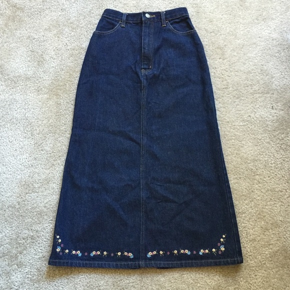 Vintage Denim Midi Skirt w/ Embroidered Hem