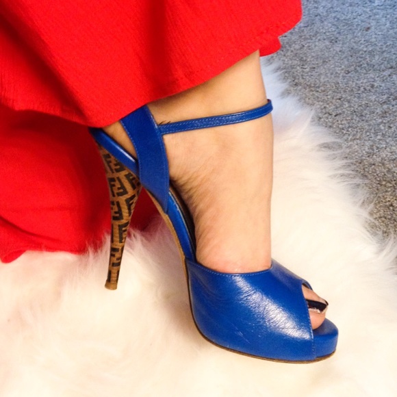 FENDI Shoes - Fendi Blue Leather Zucca Logo Heel Sandal 37.5