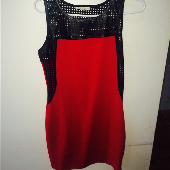 Leather mesh top red fitted dress