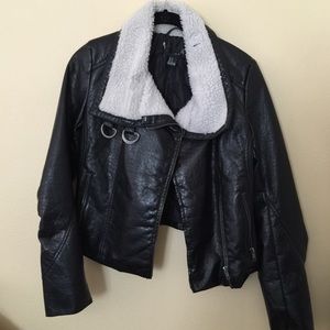 Faux leather jacket with shearling trim