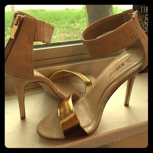 Nude & Gold Ankle-Back Zip Heeled Sandal