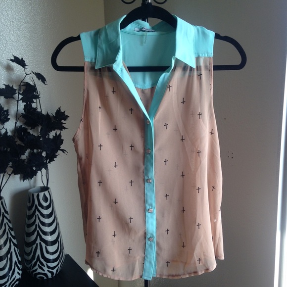Tan&Teal Button Up w/Crosses