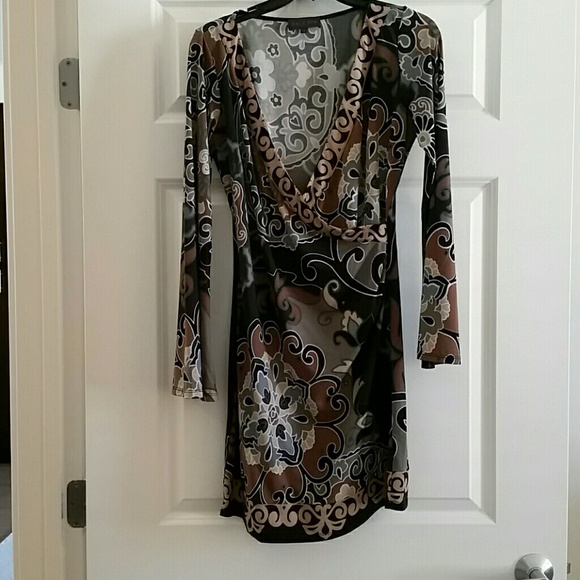 Gray/Tan/Black Paisely Bell-Sleeved Dress - Picture 1 of 2