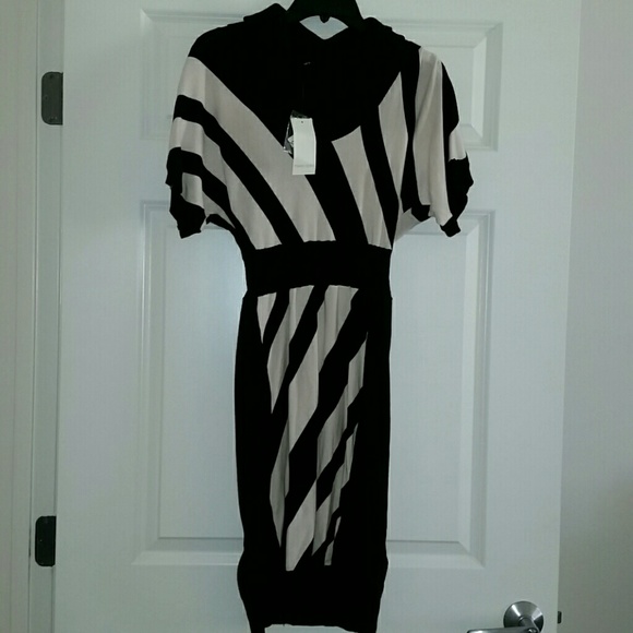Black and White Striped Fitted Sweater Dress - Picture 1 of 2