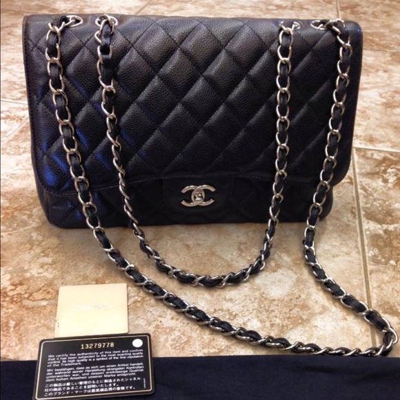 CHANEL Jumbo Black Caviar with Silver Chain