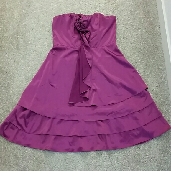 Satin Fuchsia Ruffled Strapless Dress - Picture 1 of 2