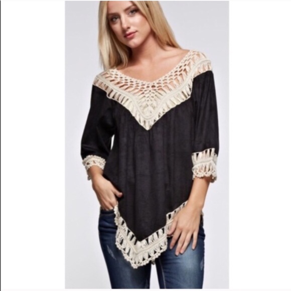 Tops - Faux suede crochet trim top LAST ONE