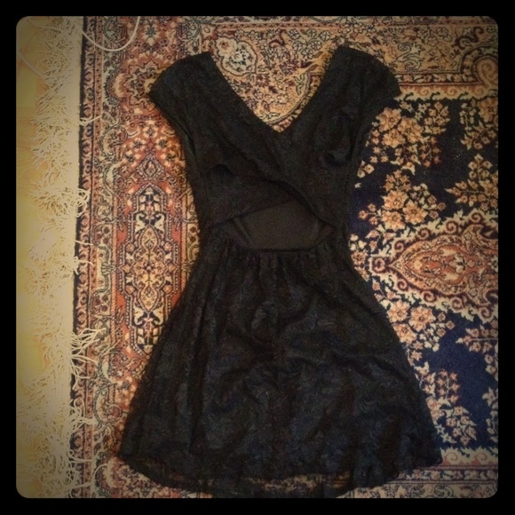 Lace swoop neck black cut out back dress medium
