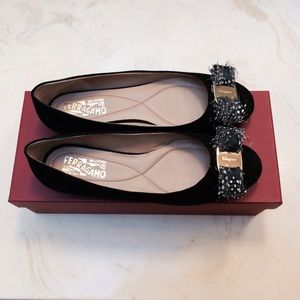 Ferragamo Black Suede Varina Flats w/ Feather Bow
