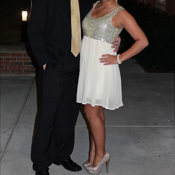 Gold Sequin and Cream Chiffon Cocktail Dress