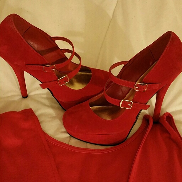 Red Double Strap Mary Jane Pumps