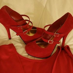 Red Double Strap Mary Jane Pumps