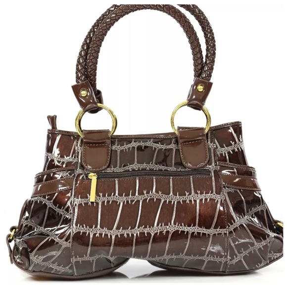 Metallic Brown Croco Patent Lion Head Satchel Bag - Picture 2 of 4