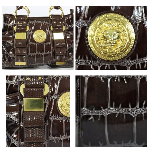 Metallic Brown Croco Patent Lion Head Satchel Bag - Picture 3 of 4