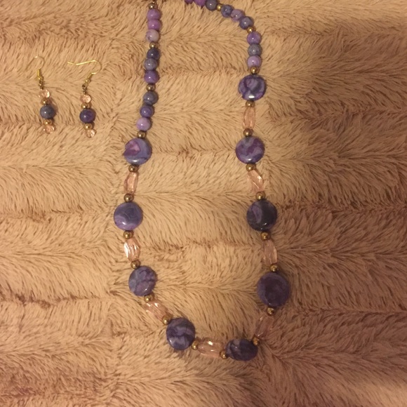 Purple and pink glass necklace and earrings