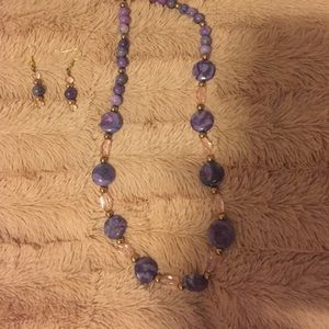 Purple and pink glass necklace and earrings