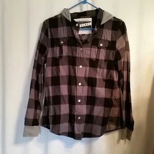 Button snap hooded shirt.