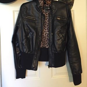 Cheetah print lined leather bomber jacket