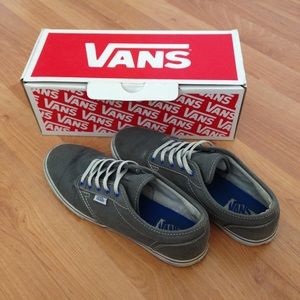 Grey, blue, and white Vans